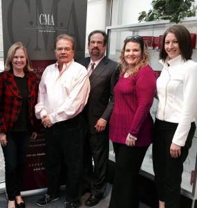 (L-R) Sally Sheperdson, executive director, Susan G. Komen Central and South Jersey; Jeffrey Barnhart, CMA CEO and president; Kenneth Hitchner, CMA public relations and social media director; Vikki Hurley-Schubert, CMA public relations and social media specialist and Alicia Barbieri, Susan G. Komen Central and South Jersey Race for the Cure Manager gather at CMA’s Princeton Junction office.