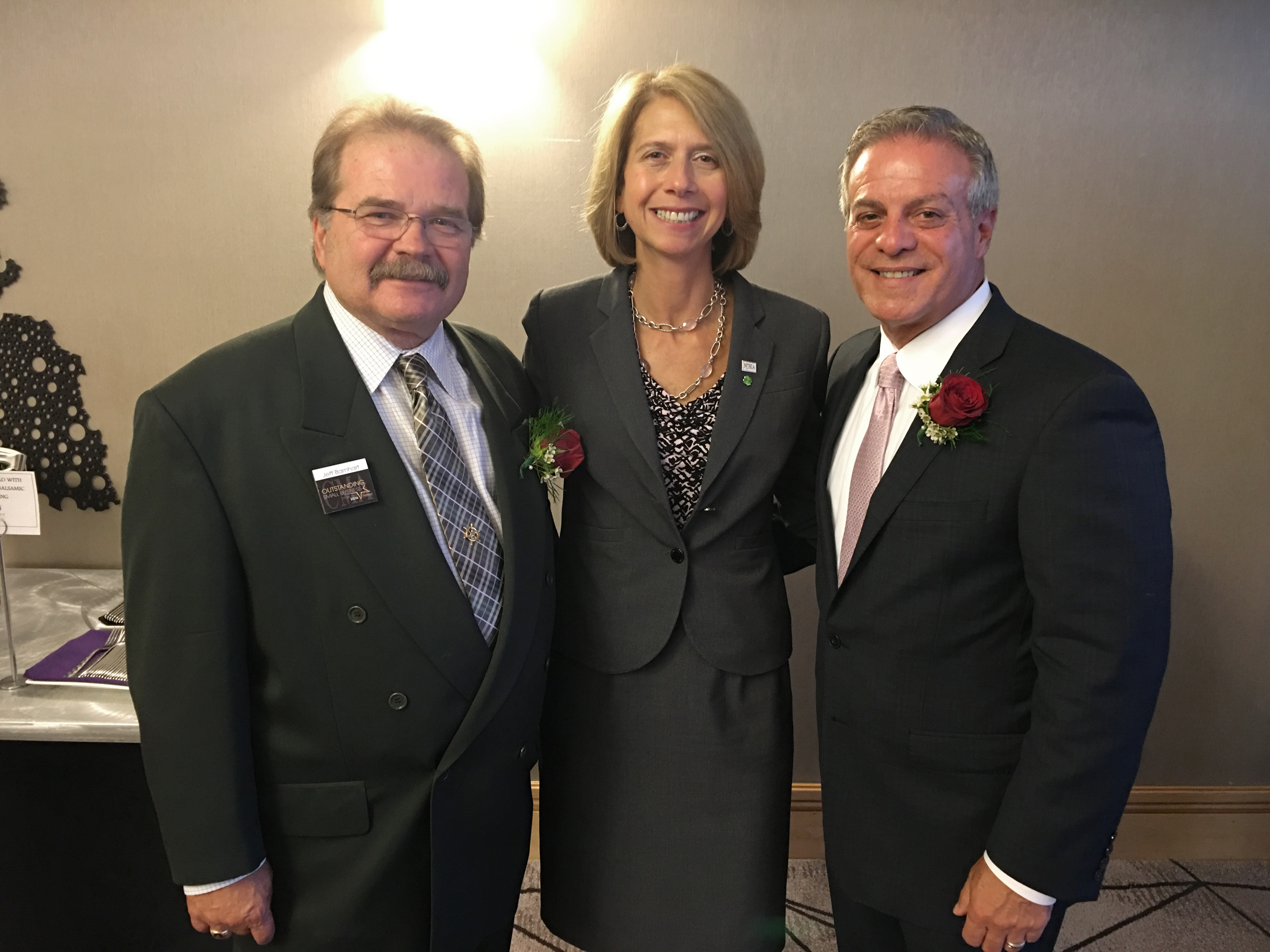 Jeffrey Barnhart, Creative Marketing Alliance (CMA) founder, CEO and Outstanding Small Business of the Year honoree; Michelle Siekerka, president and CEO, NJBIA; and Robert Prunetti, CEO and president of MIDJersey Chamber of Commerce celebrate CMA’s more than 29 years of business success at the Chamber’s Annual Awards Gala on April 21 at the Hyatt Regency in Princeton.